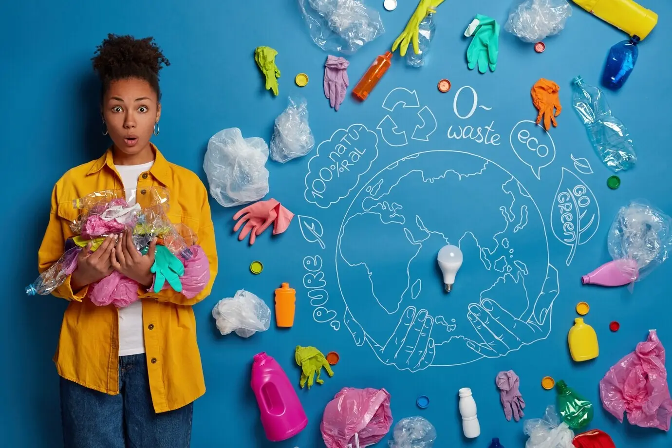 Крупный план молодой активистки рядом с коллажем на тему экологии.